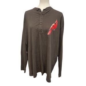 Hand Printed Upcycled Mens XL Red Cardinal Bird Long Sleeve Henley Shirt